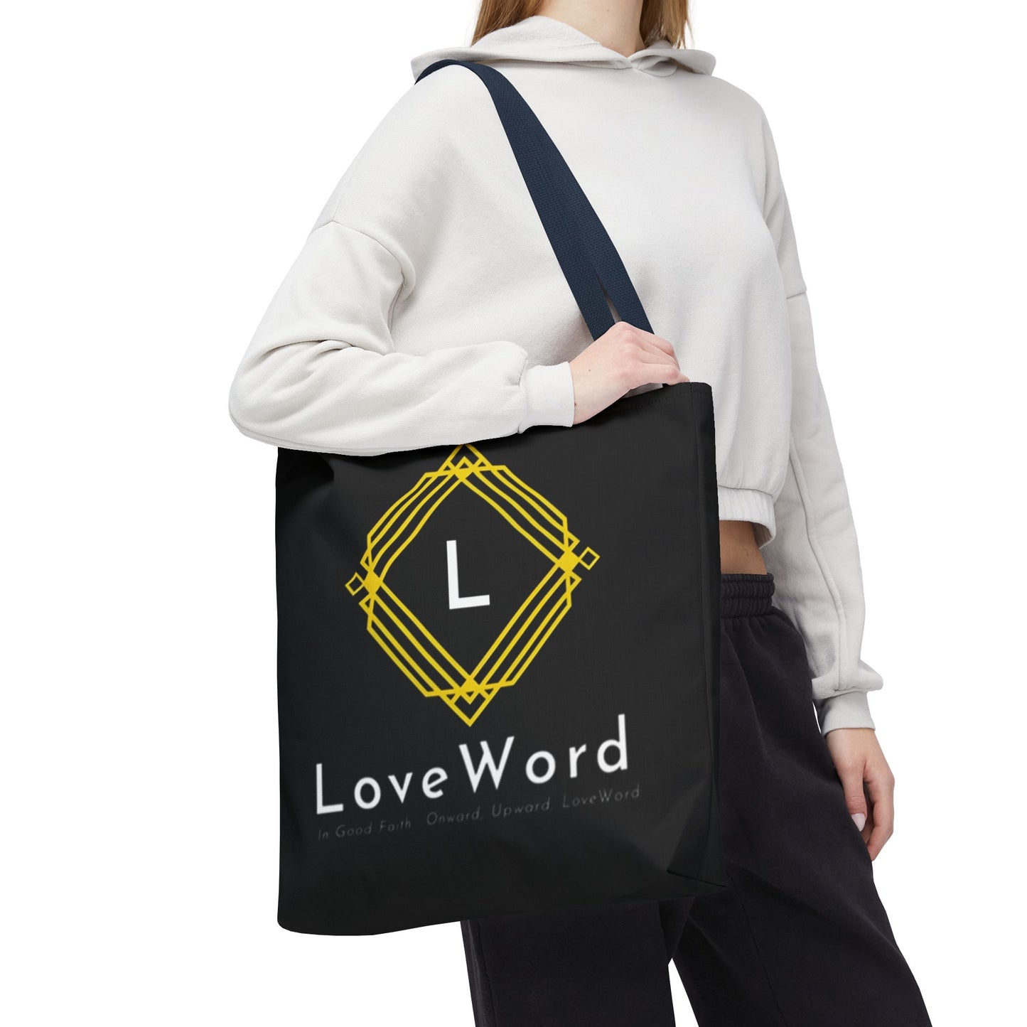 LoveWord Black Logo Tote Bag — Gold Geometric Monogram AOP Tote