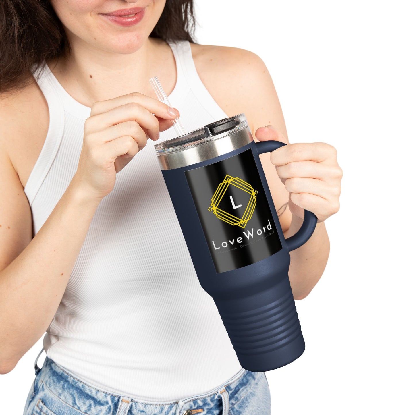 40oz Insulated Travel Mug with LoveWord Logo — Large Spill‑Resistant Tumbler with Straw & Handle