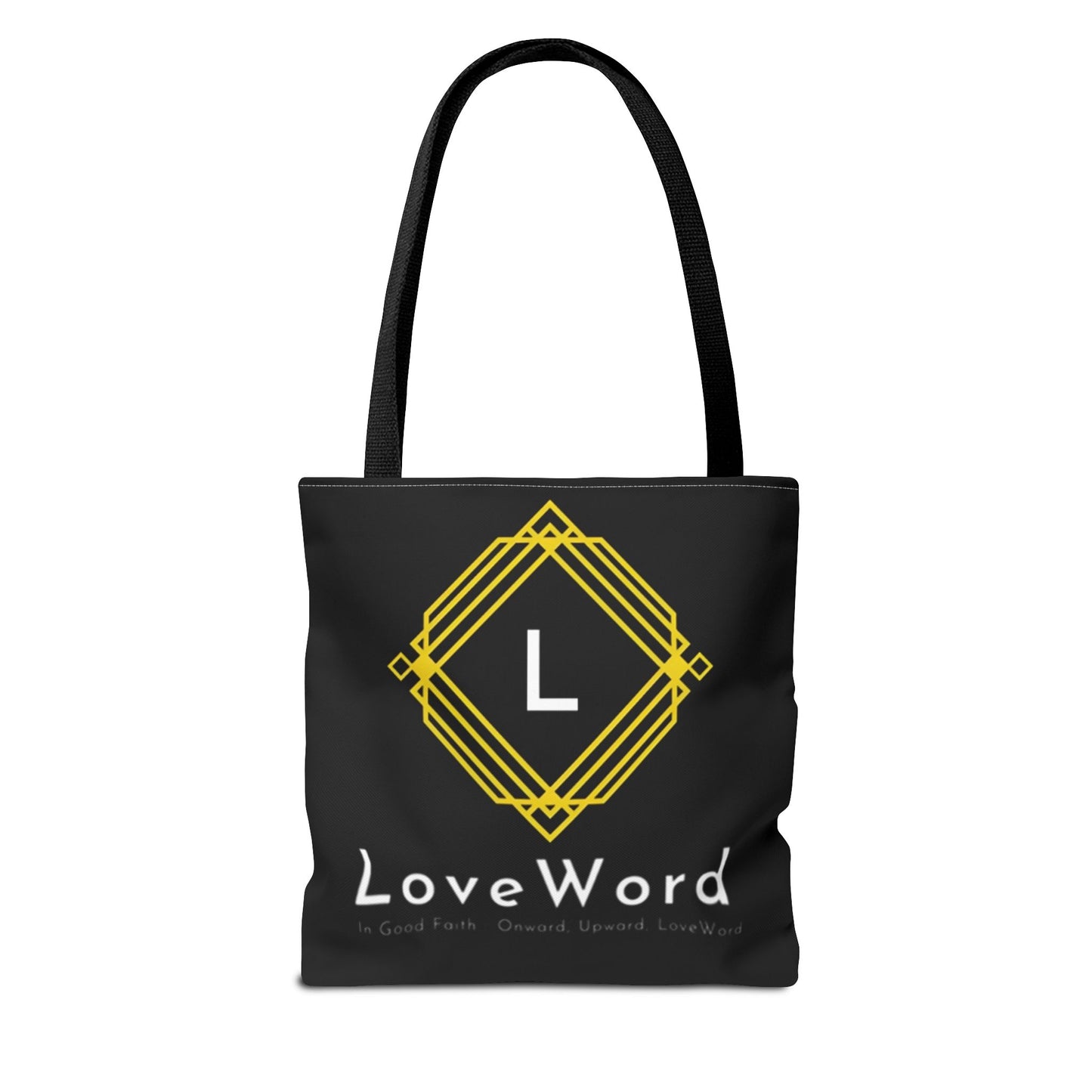 LoveWord Black Logo Tote Bag — Gold Geometric Monogram AOP Tote