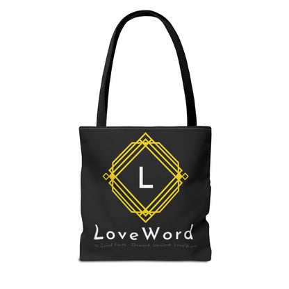 LoveWord Black Logo Tote Bag — Gold Geometric Monogram AOP Tote