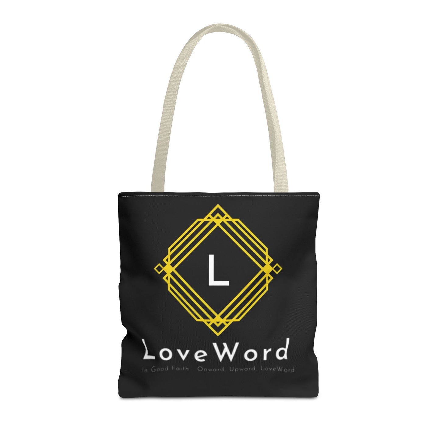 LoveWord Black Logo Tote Bag — Gold Geometric Monogram AOP Tote