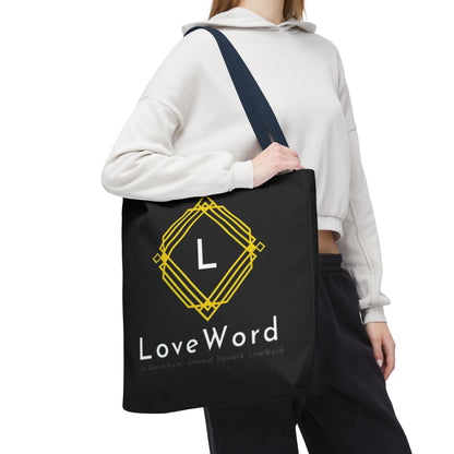 LoveWord Black Logo Tote Bag — Gold Geometric Monogram AOP Tote