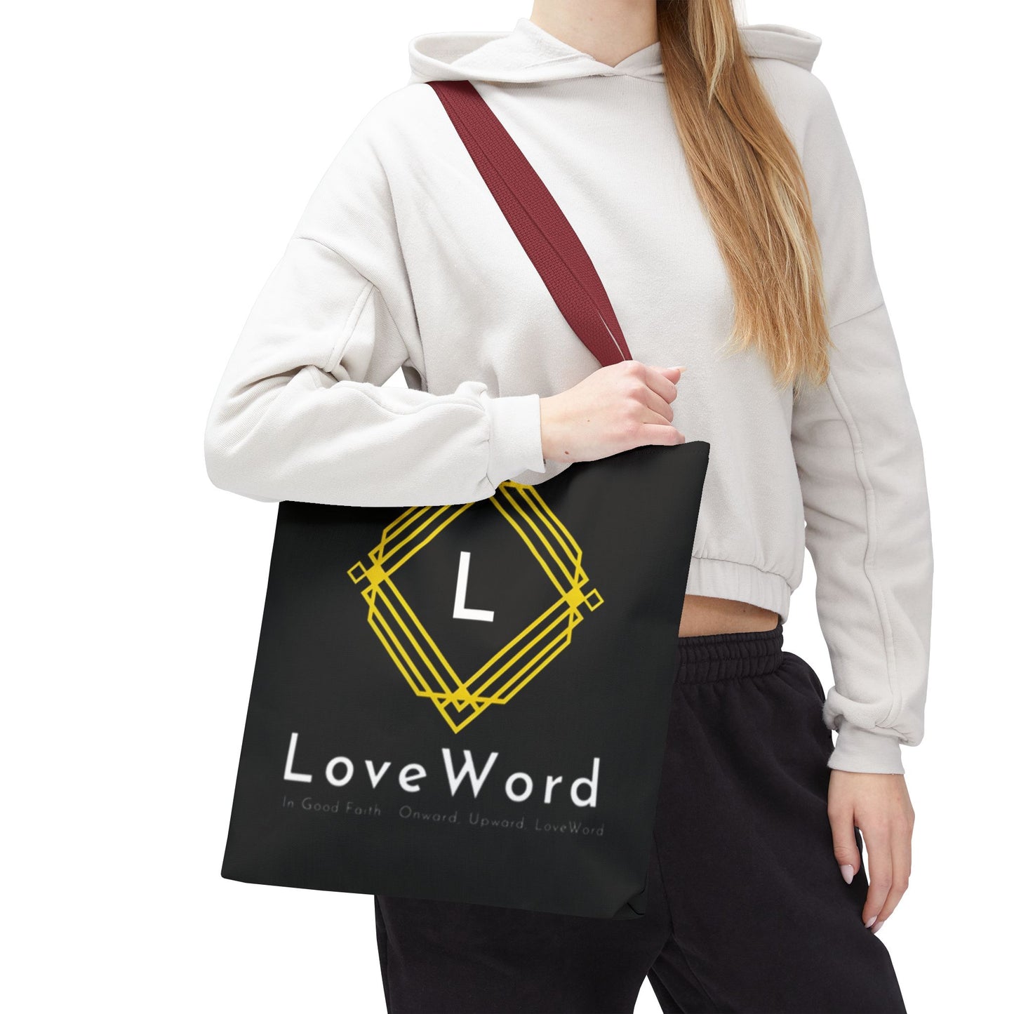 LoveWord Black Logo Tote Bag — Gold Geometric Monogram AOP Tote