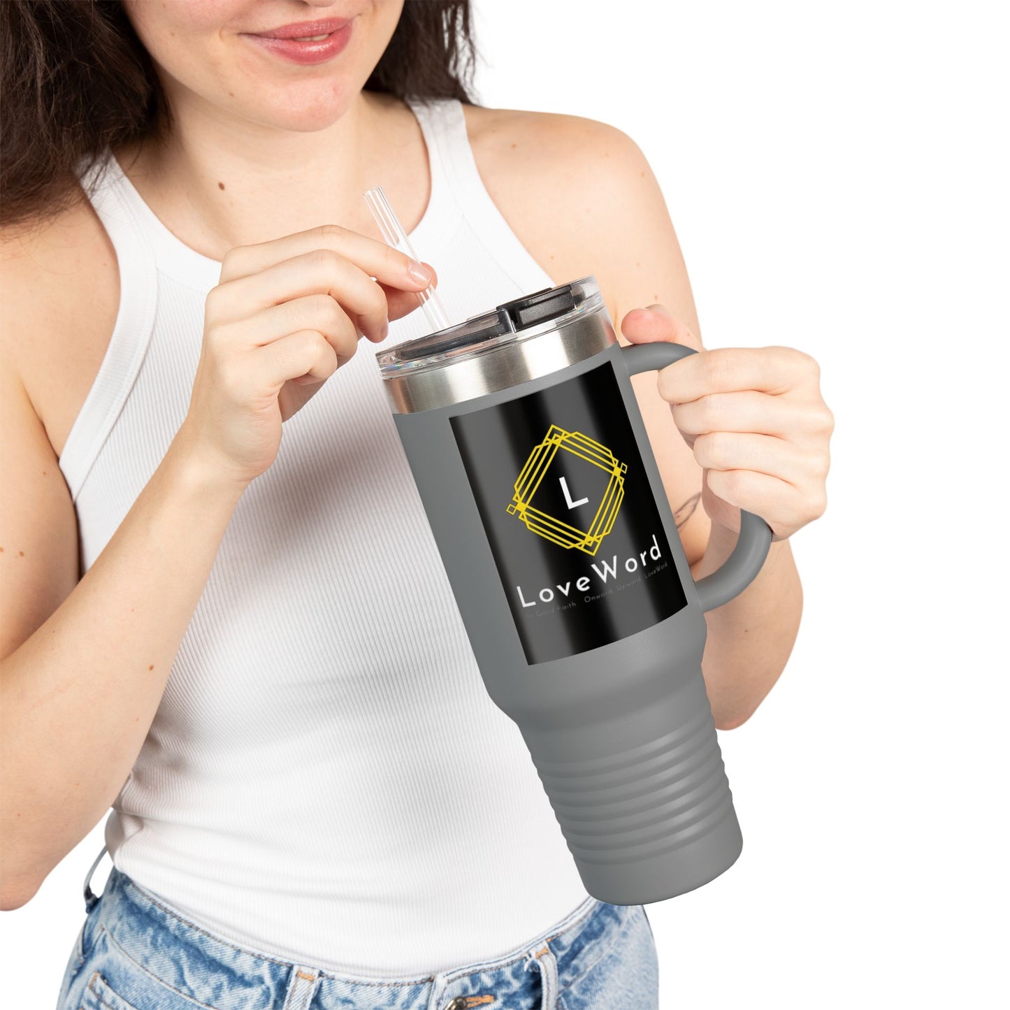 40oz Insulated Travel Mug with LoveWord Logo — Large Spill‑Resistant Tumbler with Straw & Handle
