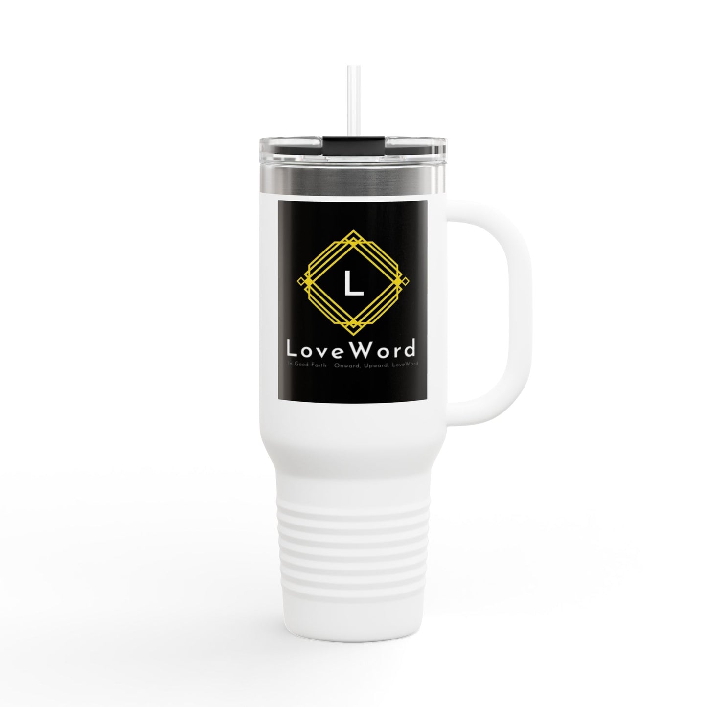 40oz Insulated Travel Mug with LoveWord Logo — Large Spill‑Resistant Tumbler with Straw & Handle