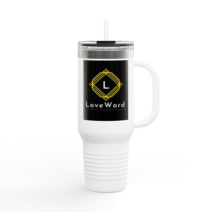 40oz Insulated Travel Mug with LoveWord Logo — Large Spill‑Resistant Tumbler with Straw & Handle