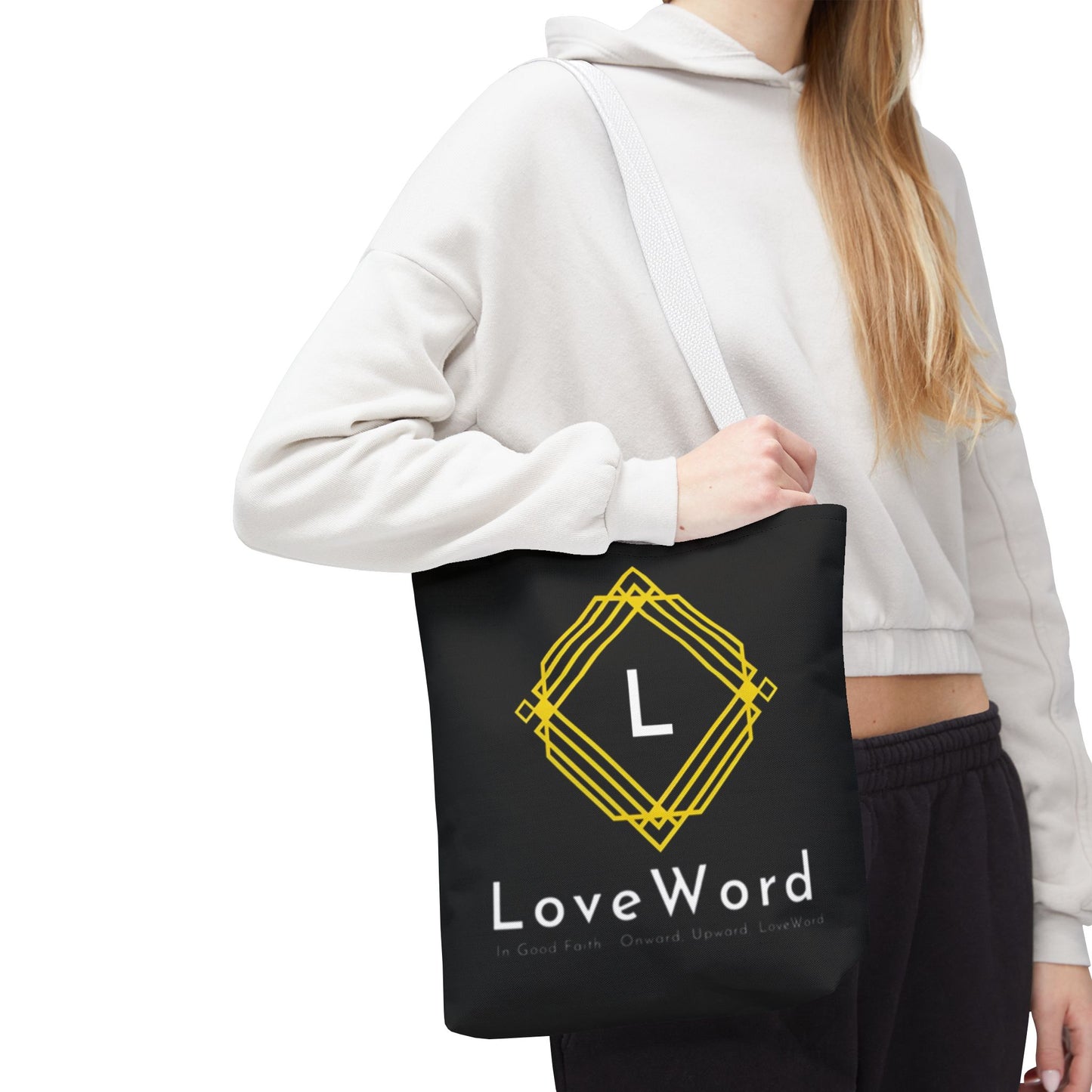 LoveWord Black Logo Tote Bag — Gold Geometric Monogram AOP Tote