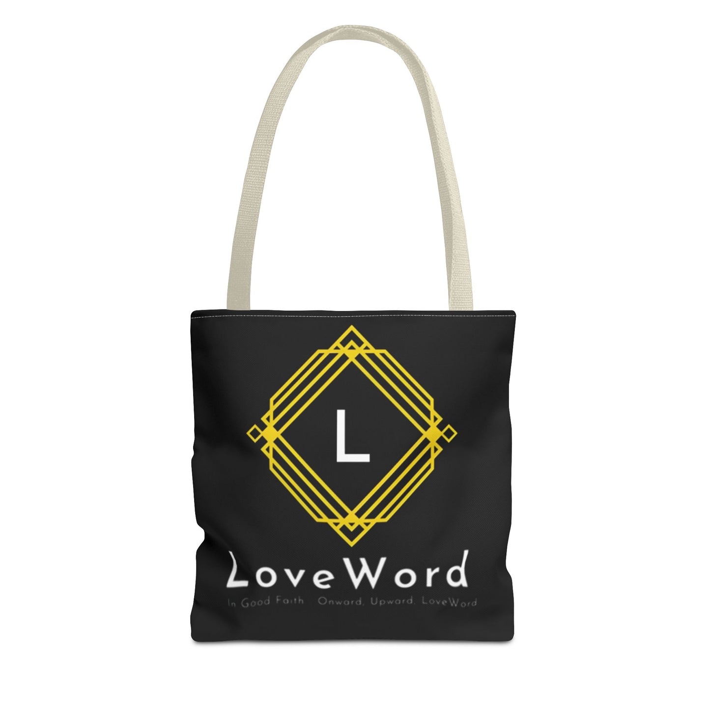 LoveWord Black Logo Tote Bag — Gold Geometric Monogram AOP Tote