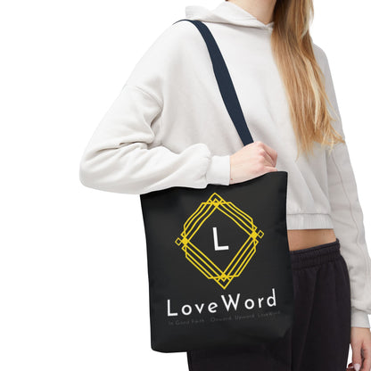 LoveWord Black Logo Tote Bag — Gold Geometric Monogram AOP Tote