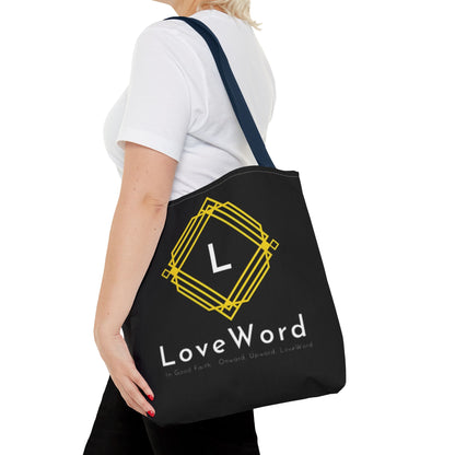 LoveWord Black Logo Tote Bag — Gold Geometric Monogram AOP Tote