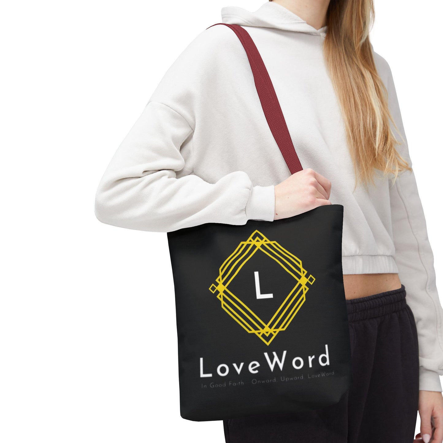 LoveWord Black Logo Tote Bag — Gold Geometric Monogram AOP Tote