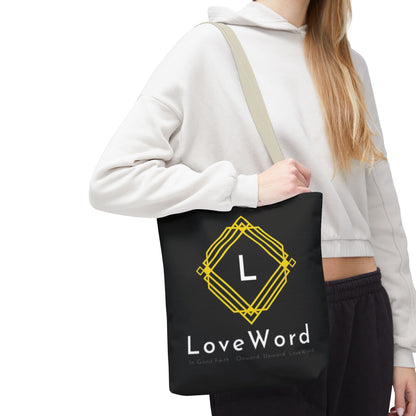 LoveWord Black Logo Tote Bag — Gold Geometric Monogram AOP Tote