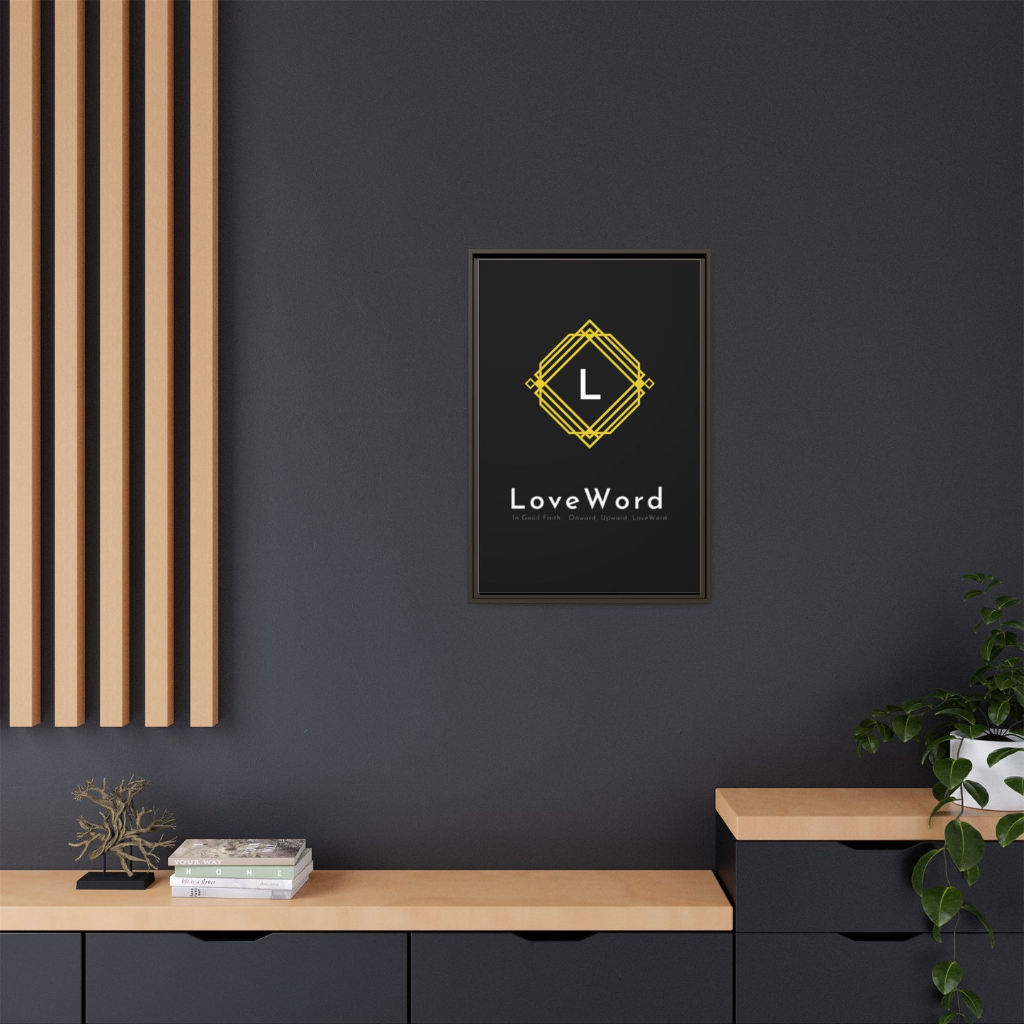 Framed Matte Canvas Art – LoveWord Gold Emblem on Black