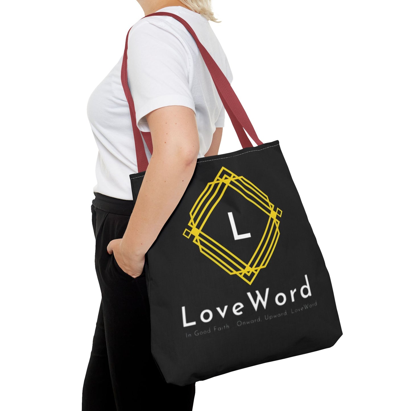 LoveWord Black Logo Tote Bag — Gold Geometric Monogram AOP Tote