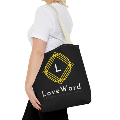 LoveWord Black Logo Tote Bag — Gold Geometric Monogram AOP Tote