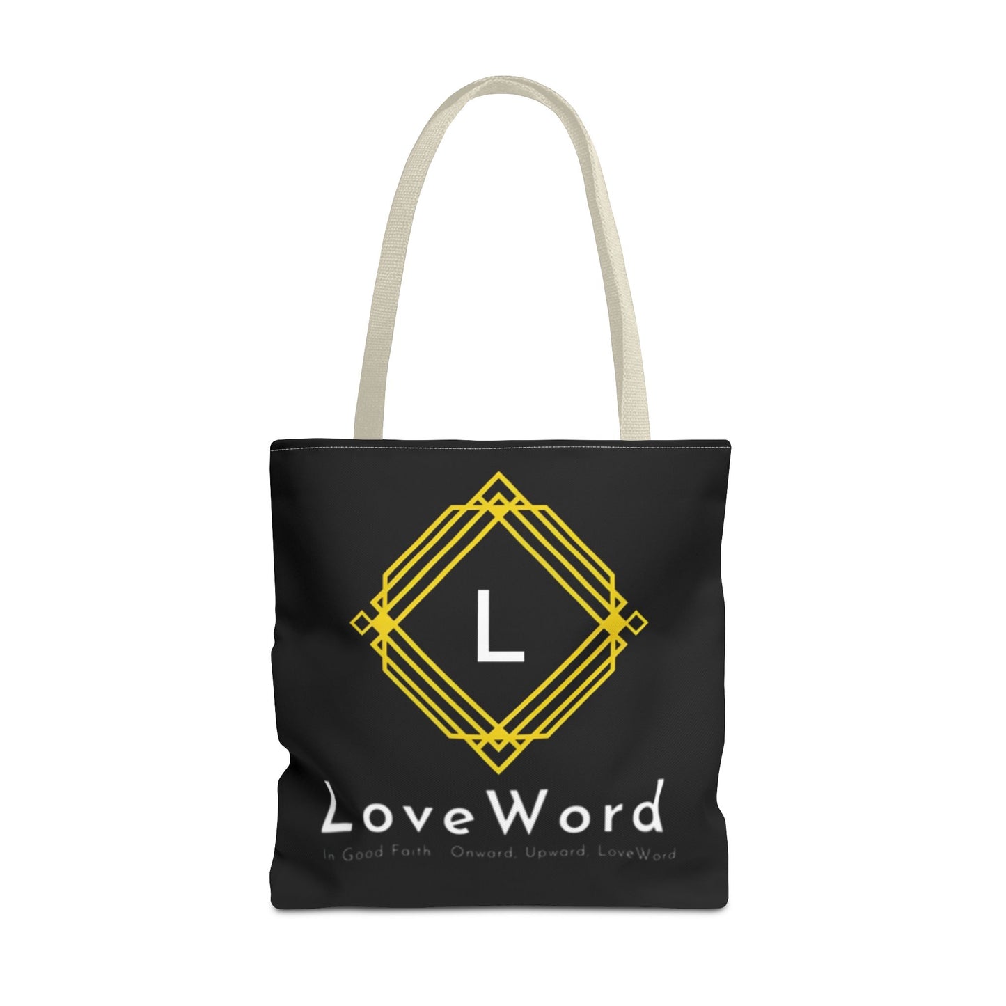 LoveWord Black Logo Tote Bag — Gold Geometric Monogram AOP Tote