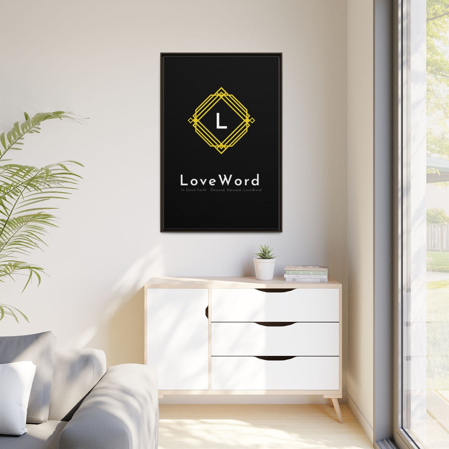Framed Matte Canvas Art – LoveWord Gold Emblem on Black