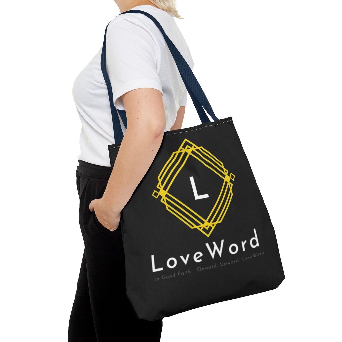 LoveWord Black Logo Tote Bag — Gold Geometric Monogram AOP Tote