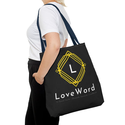 LoveWord Black Logo Tote Bag — Gold Geometric Monogram AOP Tote