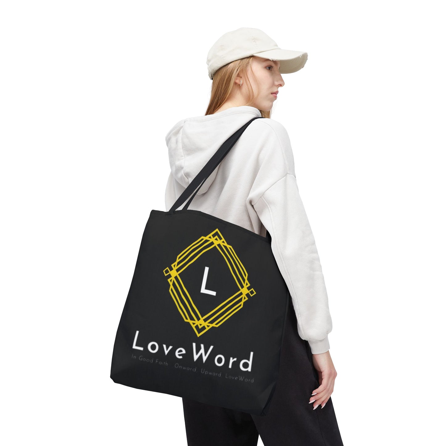 LoveWord Black Logo Tote Bag — Gold Geometric Monogram AOP Tote