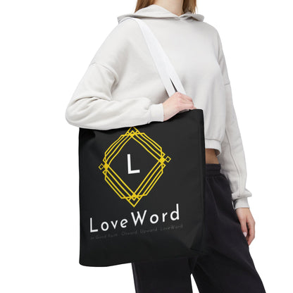 LoveWord Black Logo Tote Bag — Gold Geometric Monogram AOP Tote
