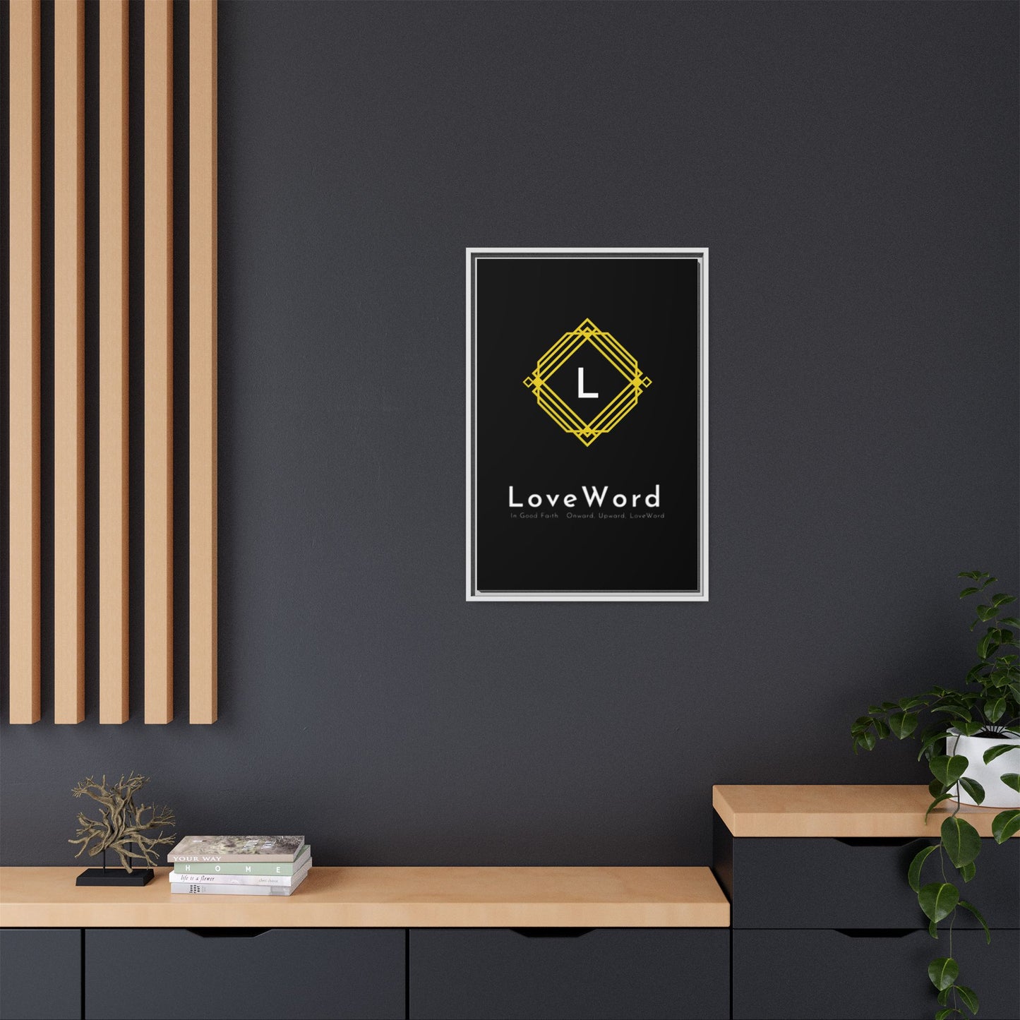 Framed Matte Canvas Art – LoveWord Gold Emblem on Black