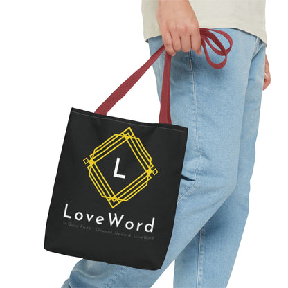 LoveWord Black Logo Tote Bag — Gold Geometric Monogram AOP Tote