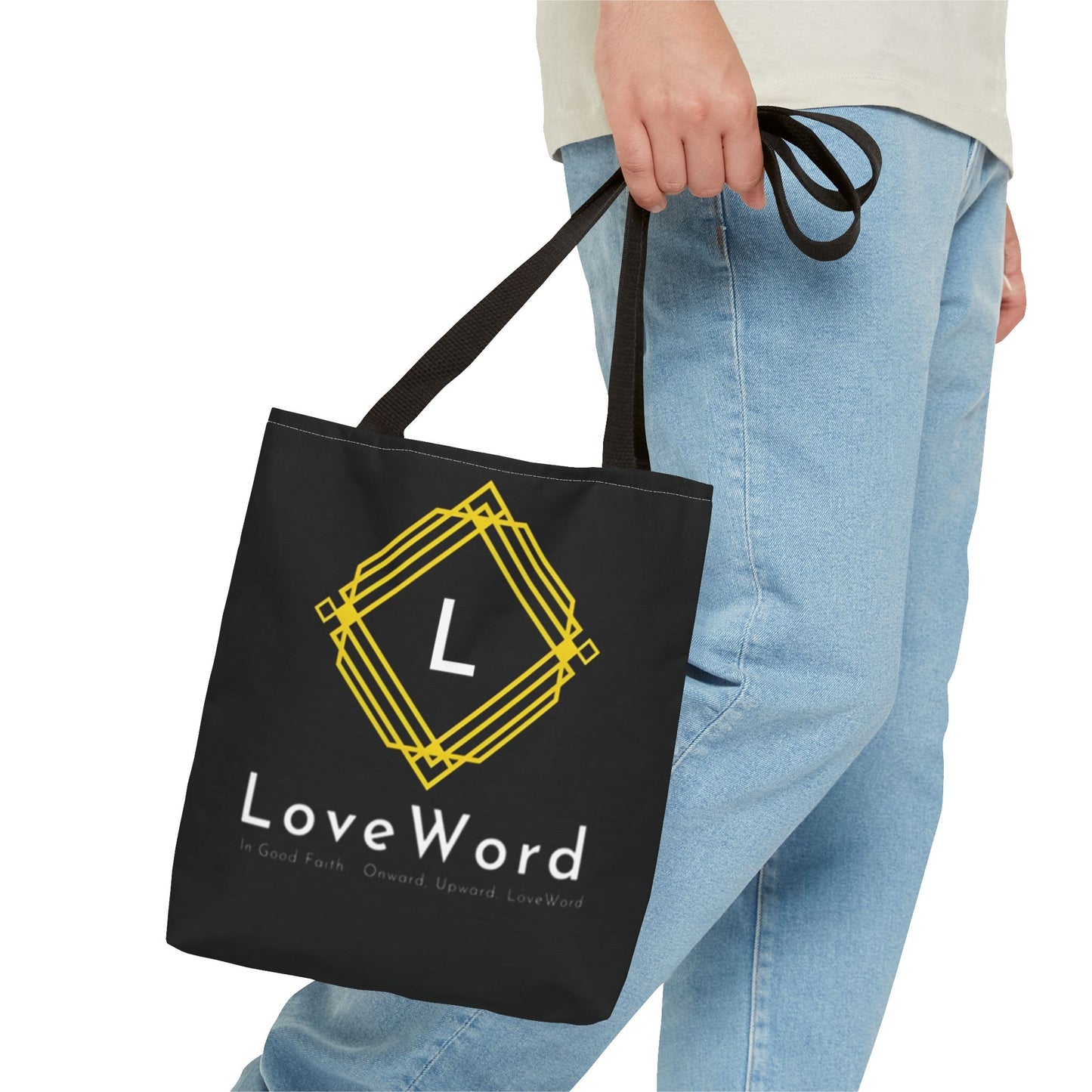 LoveWord Black Logo Tote Bag — Gold Geometric Monogram AOP Tote