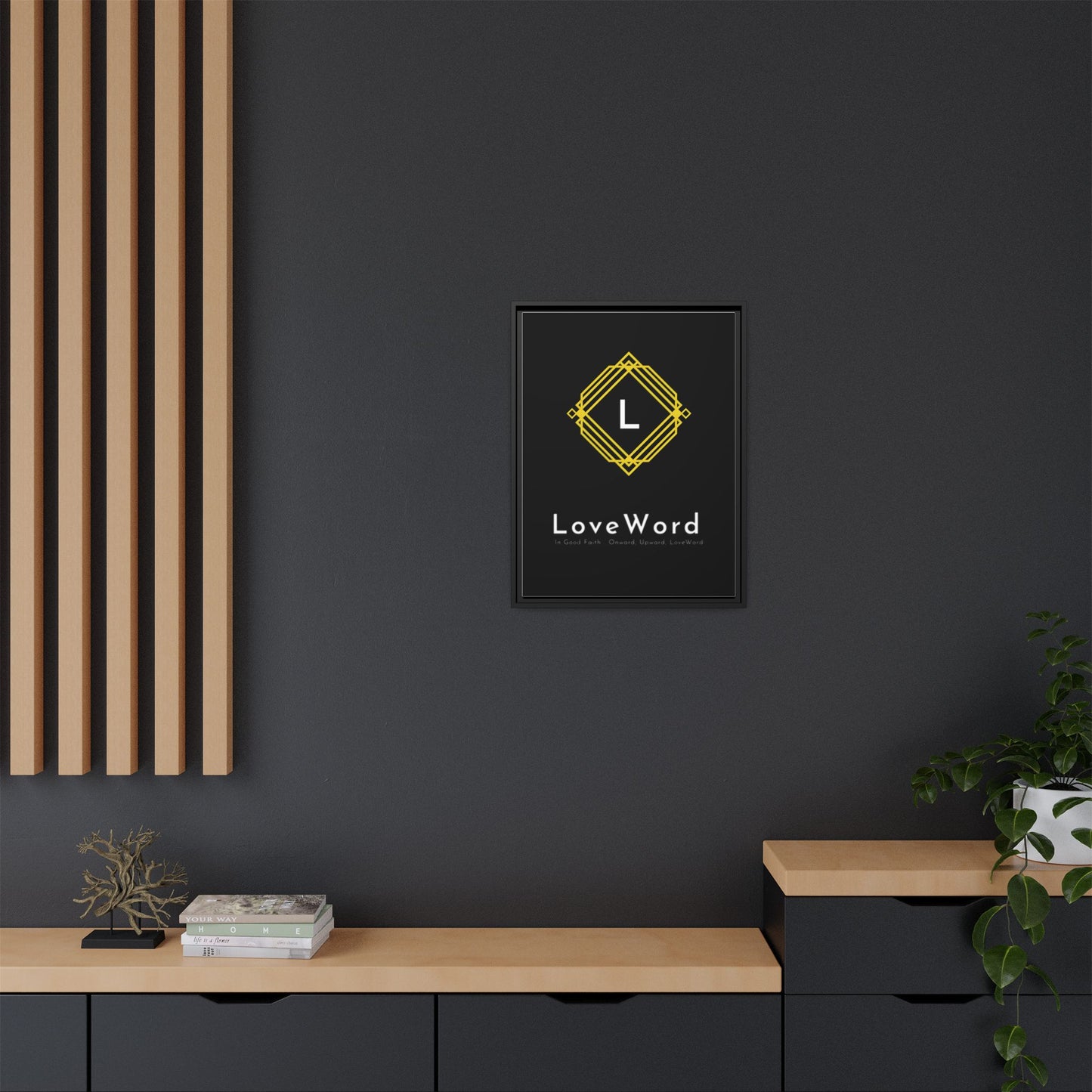 Framed Matte Canvas Art – LoveWord Gold Emblem on Black