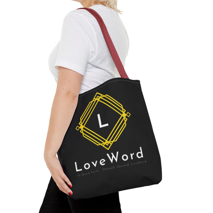LoveWord Black Logo Tote Bag — Gold Geometric Monogram AOP Tote