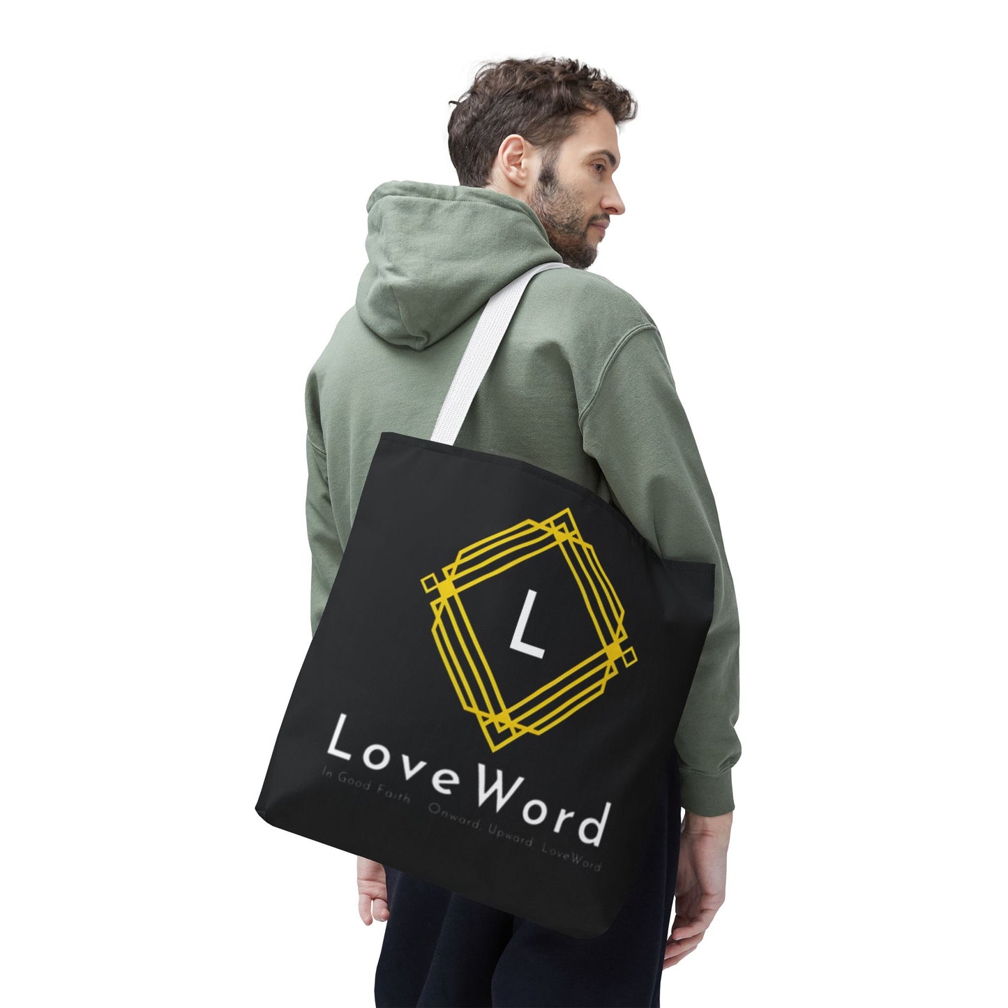 LoveWord Black Logo Tote Bag — Gold Geometric Monogram AOP Tote