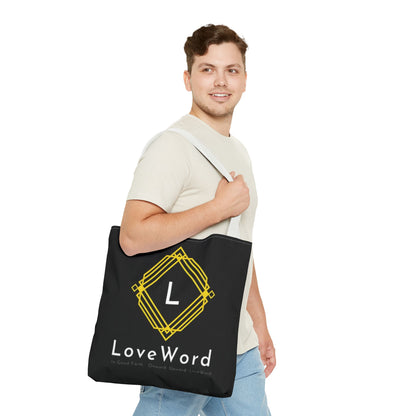 LoveWord Black Logo Tote Bag — Gold Geometric Monogram AOP Tote