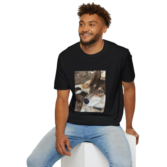 Husky Portrait T-Shirt — Realistic Blue-Eyed Dog Photo Tee