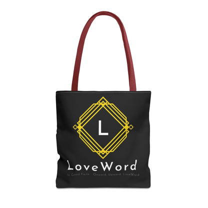 LoveWord Black Logo Tote Bag — Gold Geometric Monogram AOP Tote