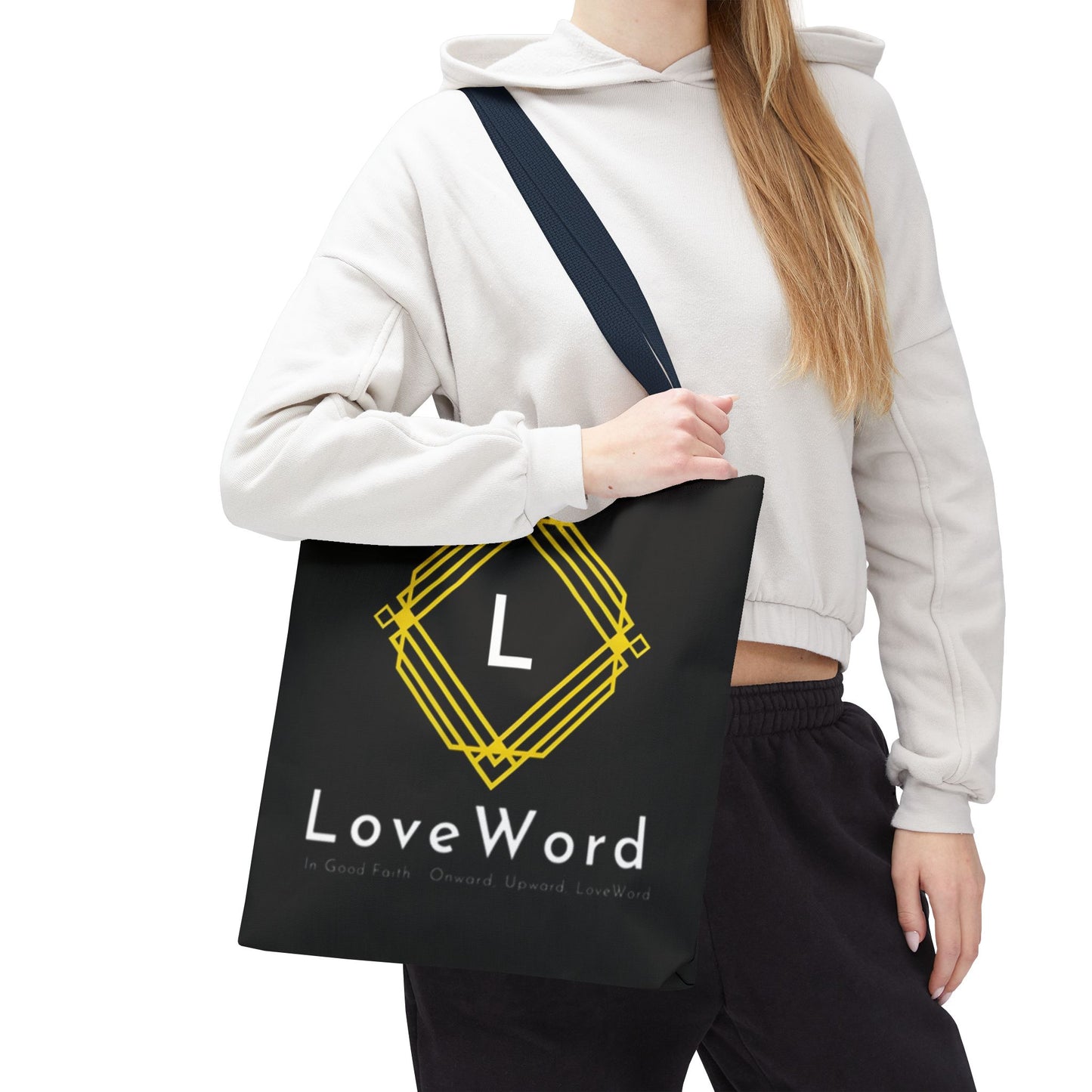 LoveWord Black Logo Tote Bag — Gold Geometric Monogram AOP Tote