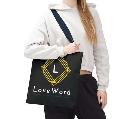 LoveWord Black Logo Tote Bag — Gold Geometric Monogram AOP Tote