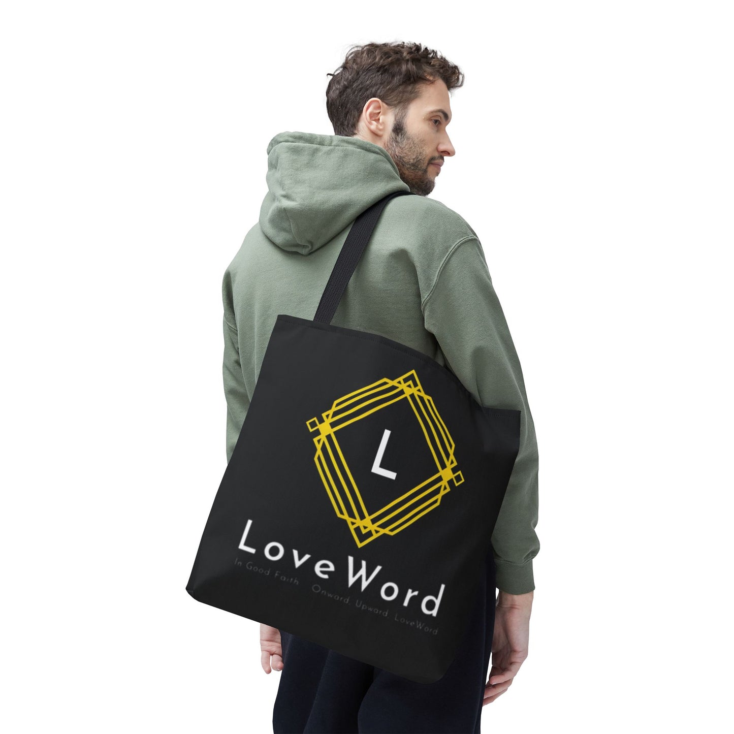 LoveWord Black Logo Tote Bag — Gold Geometric Monogram AOP Tote