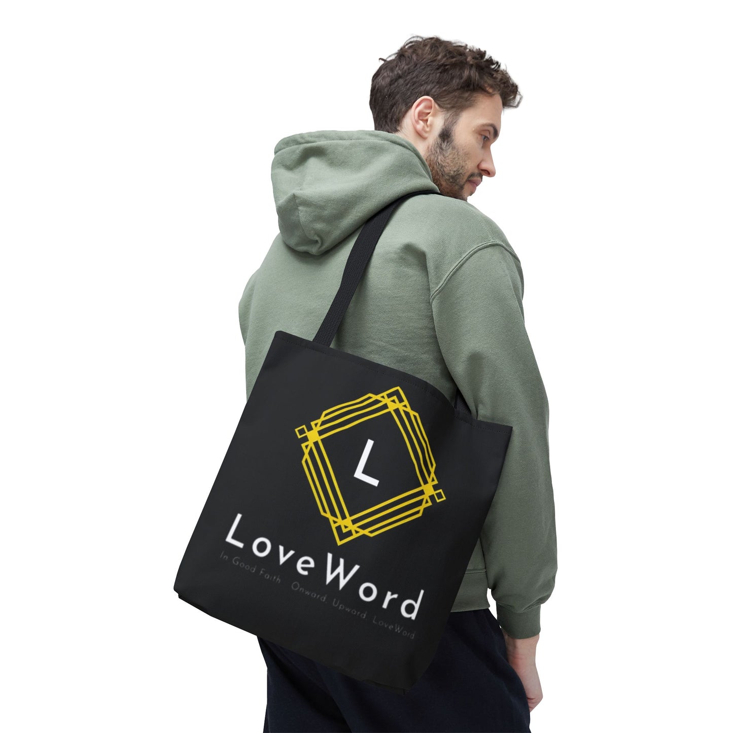 LoveWord Black Logo Tote Bag — Gold Geometric Monogram AOP Tote