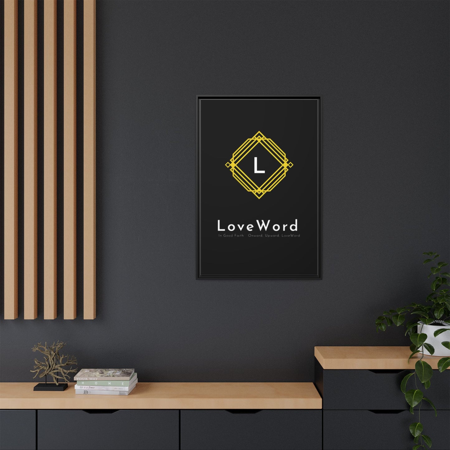 Framed Matte Canvas Art – LoveWord Gold Emblem on Black