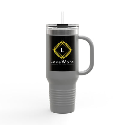 40oz Insulated Travel Mug with LoveWord Logo — Large Spill‑Resistant Tumbler with Straw & Handle