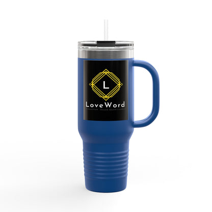 40oz Insulated Travel Mug with LoveWord Logo — Large Spill‑Resistant Tumbler with Straw & Handle