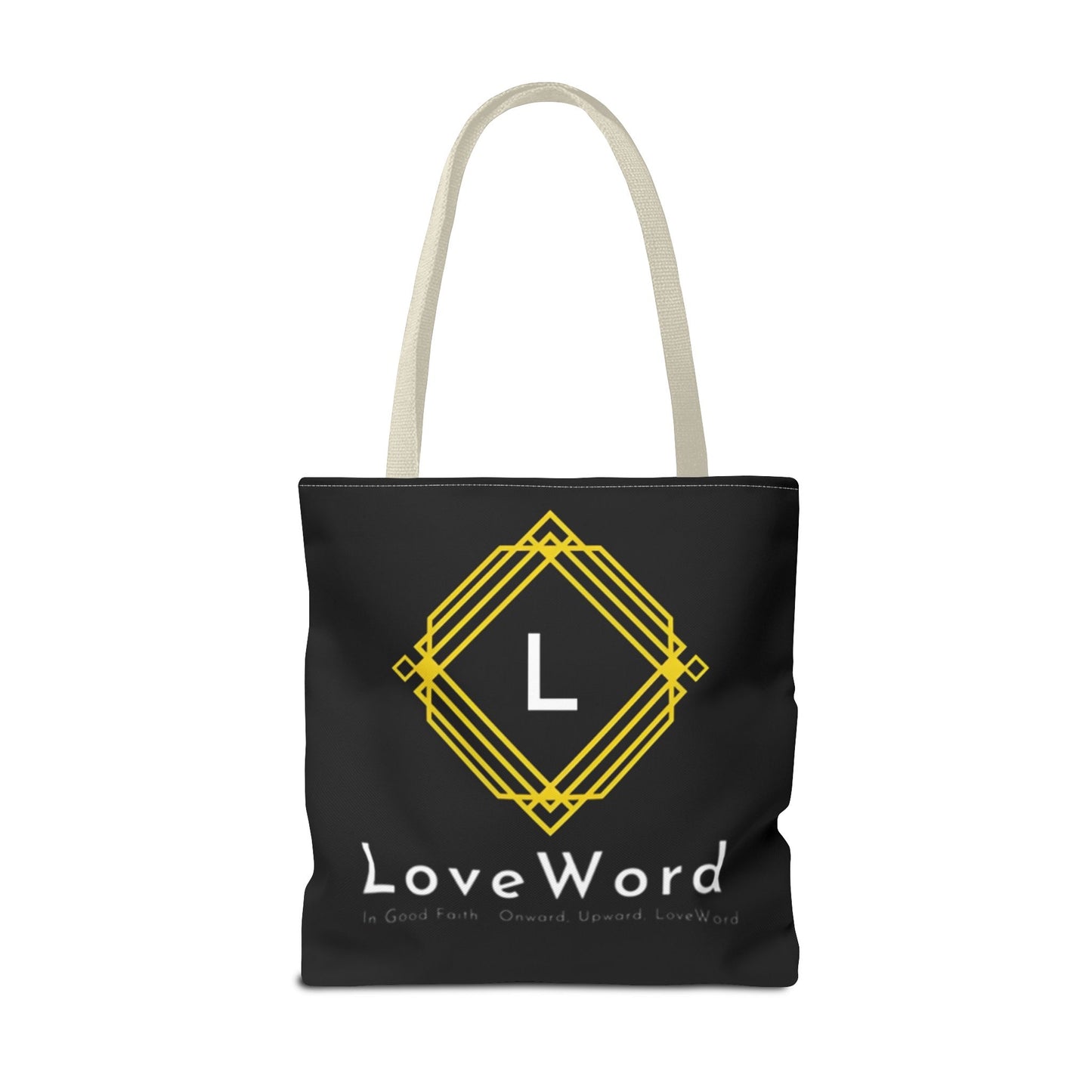 LoveWord Black Logo Tote Bag — Gold Geometric Monogram AOP Tote