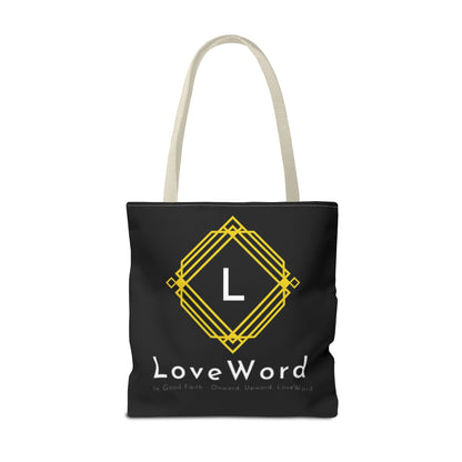 LoveWord Black Logo Tote Bag — Gold Geometric Monogram AOP Tote