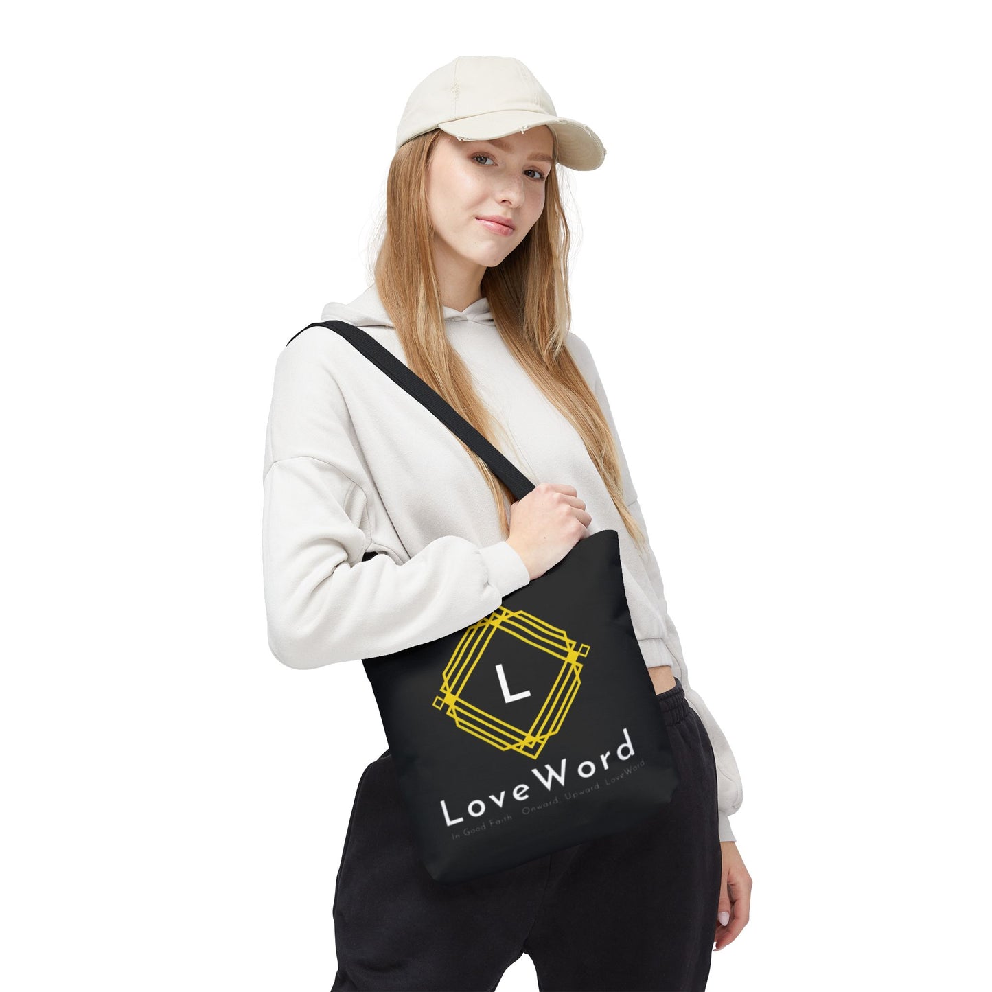 LoveWord Black Logo Tote Bag — Gold Geometric Monogram AOP Tote