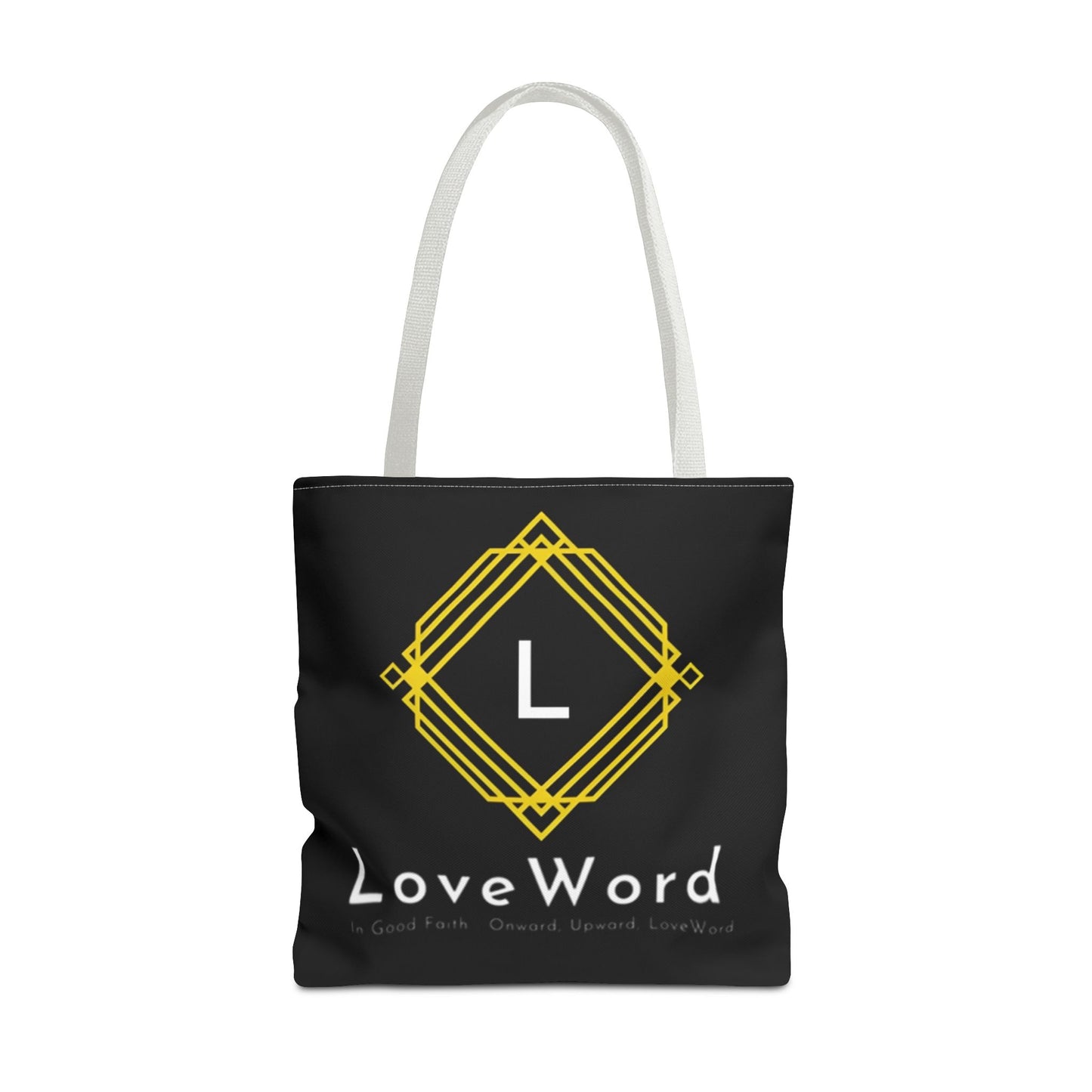 LoveWord Black Logo Tote Bag — Gold Geometric Monogram AOP Tote