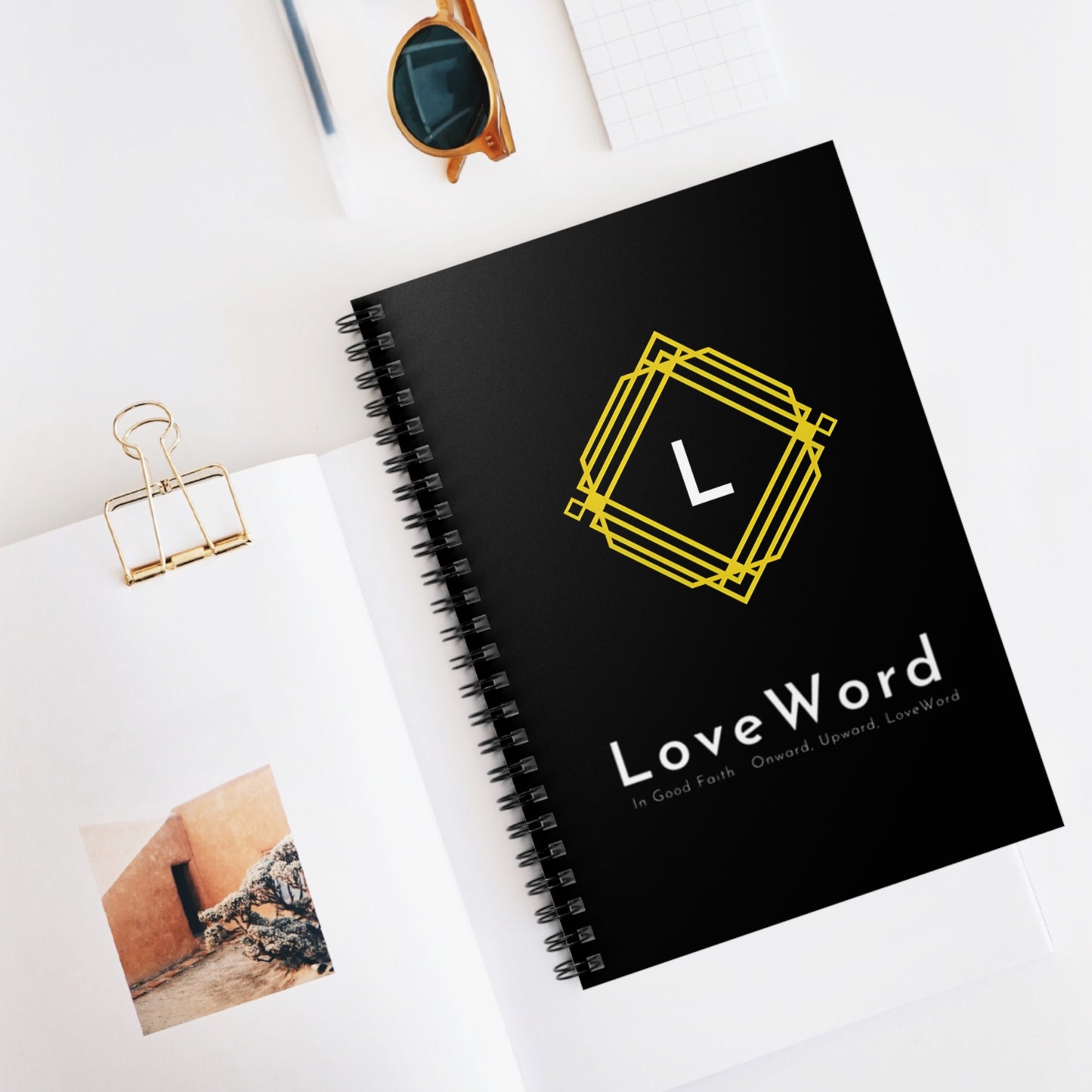 LoveWord Black Spiral Notebook — Gold Geometric Logo Ruled Journal