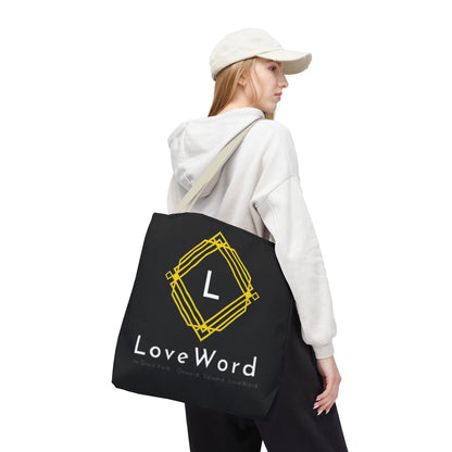 LoveWord Black Logo Tote Bag — Gold Geometric Monogram AOP Tote