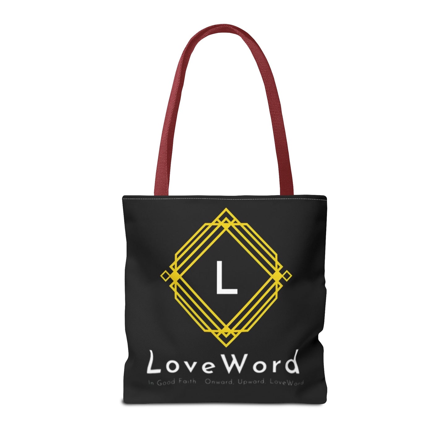LoveWord Black Logo Tote Bag — Gold Geometric Monogram AOP Tote