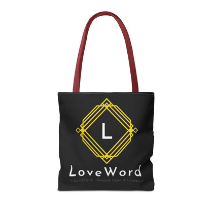 LoveWord Black Logo Tote Bag — Gold Geometric Monogram AOP Tote