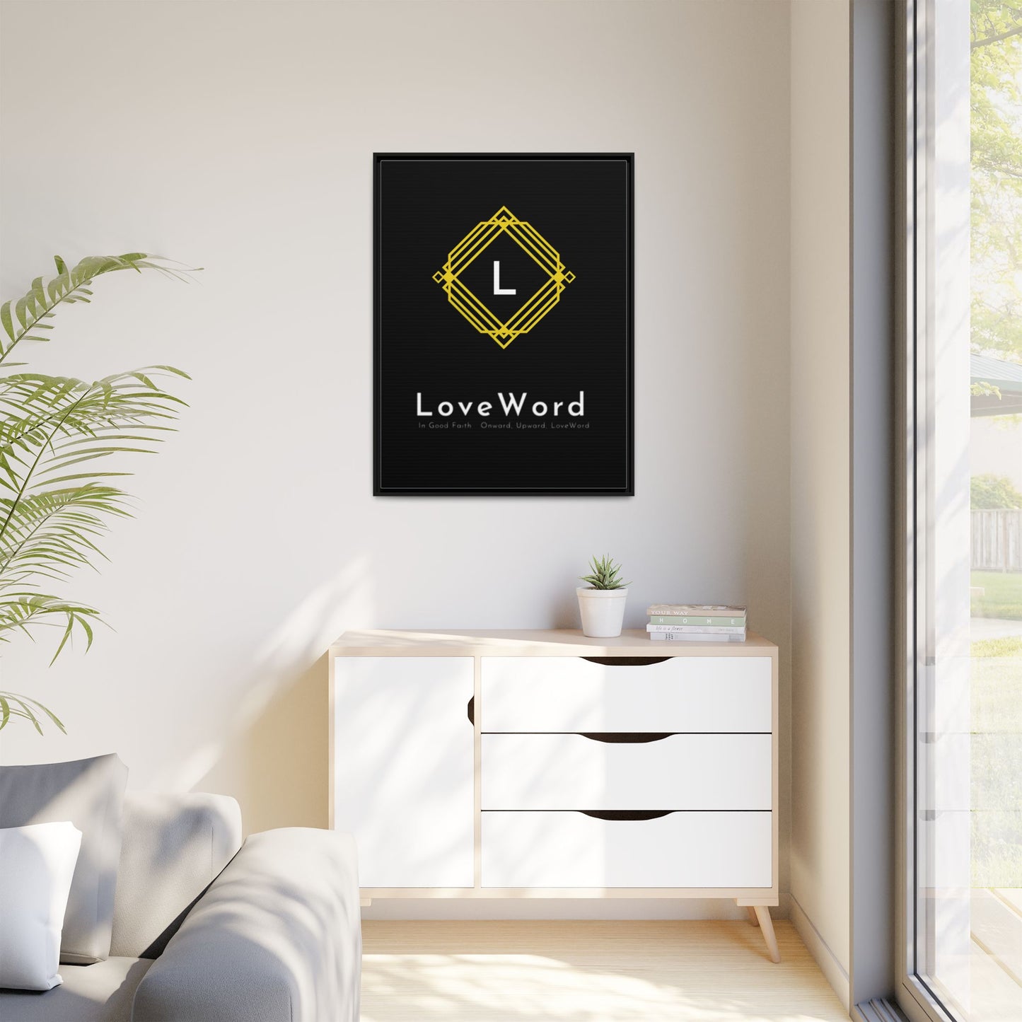 Framed Matte Canvas Art – LoveWord Gold Emblem on Black